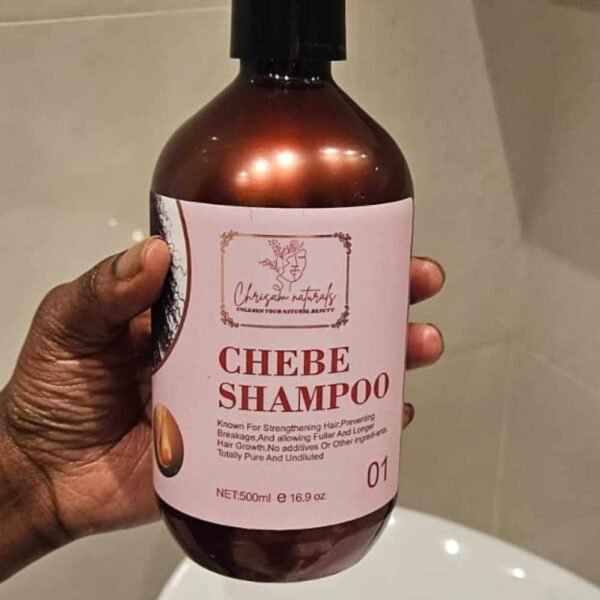 Chebe Shampoo bottle in customer bathroom