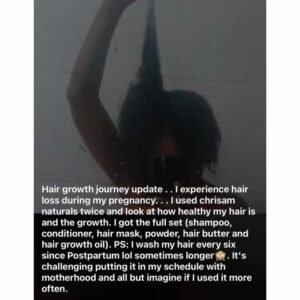 Customer showing her hair length growth and testimony after using the chebe growth set chrisam naturals