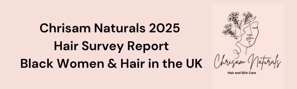 Chrisam Naturals Black Women and Hair survey report banner Chrisam Naturals Black Women and Hair survey report banner. Logo and black text of title